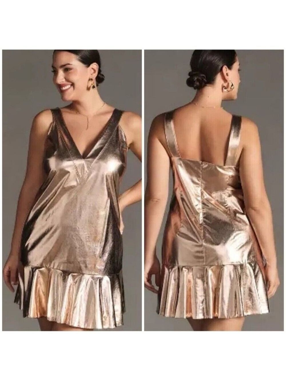 Anthropologie x Marr Mare Gold Metallic V- Neck Ruffle Hem Mini Dress